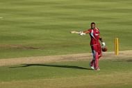 SYDNEY, AUSTRALIA - FEBRUARY 08: Kieron Pollard of West Indies celebrates scoring his century during game four of the Commonwealth Bank One Day International Series
